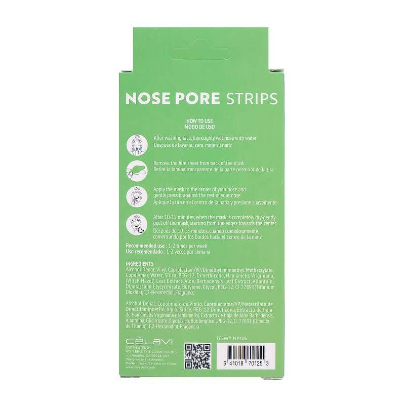 Détails de l'arrière de l'emballage des Bandelettes Nettoyantes Pour Pores Nasaux Celavi NP105 - 12 Pièces par PINEAPPLE Beauty, présentant les instructions d'utilisation.