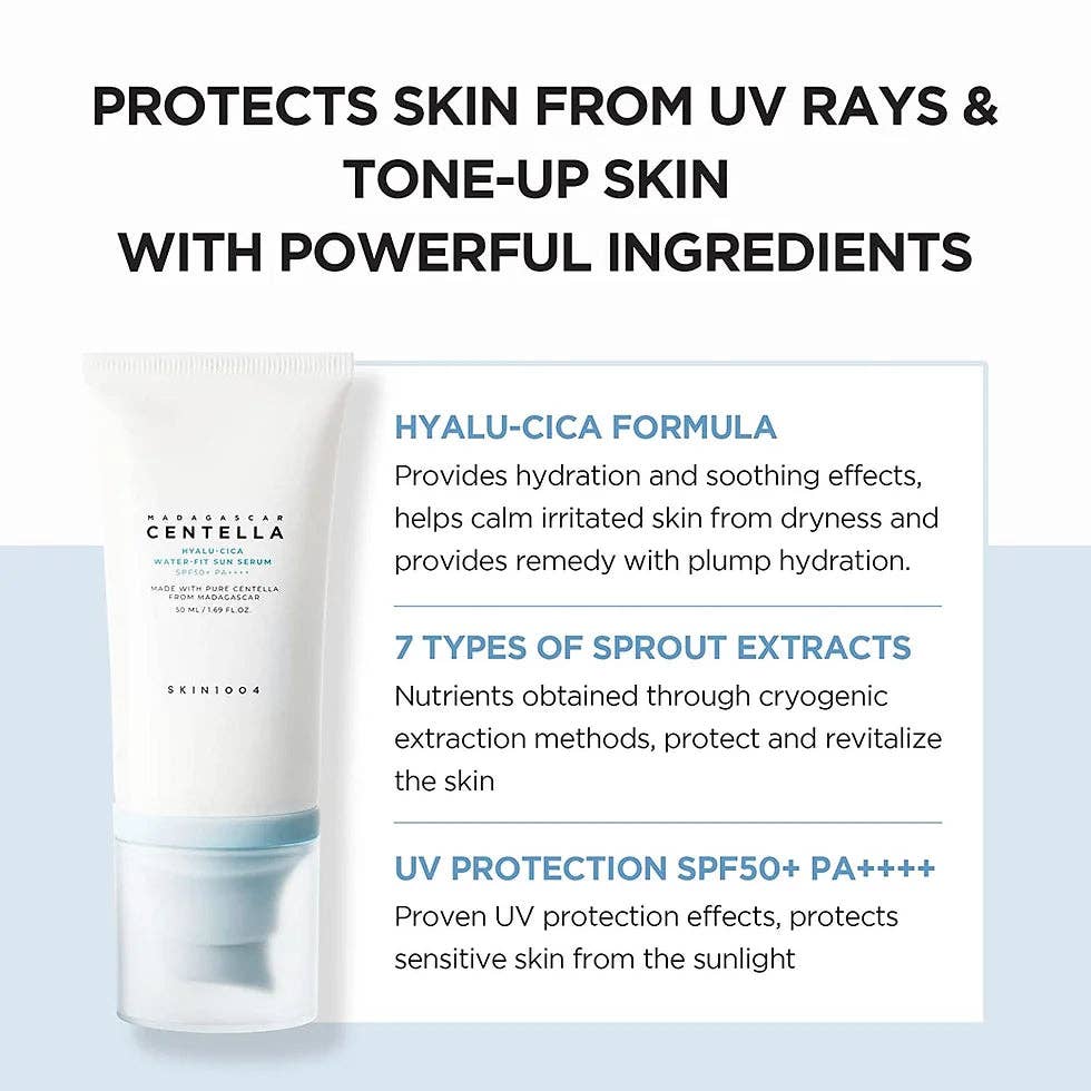 Skin1004 Madagascar Centella Hyalu-Cica Sérum solaire Waterfit SPF 50+ PA++++ 50 ml Glowiss