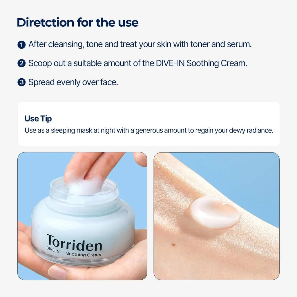 Torriden DIVE-IN Crème apaisante à l'acide hyaluronique à faible poids moléculaire 100 ml Glowiss