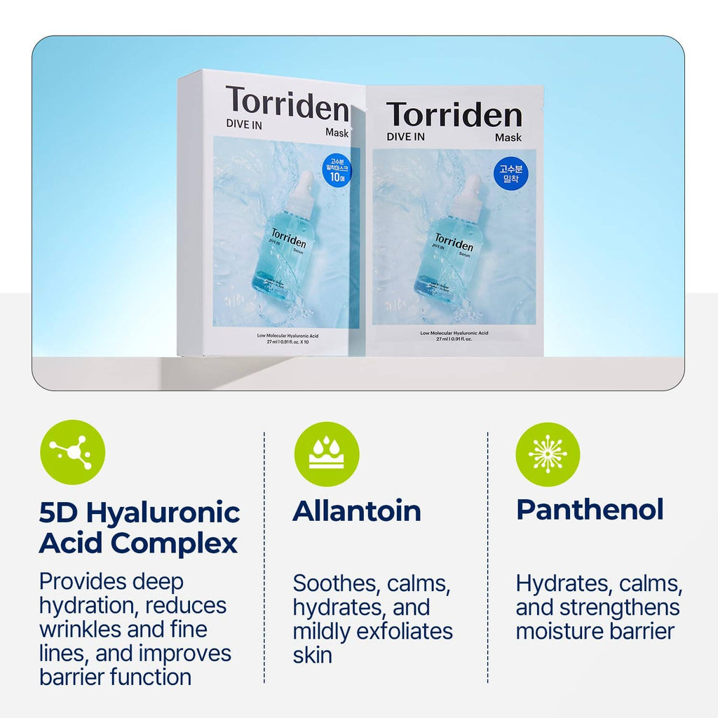 Masque en feuille pour le visage à l'acide hyaluronique Torriden DIVE-IN 1 feuille Glowiss